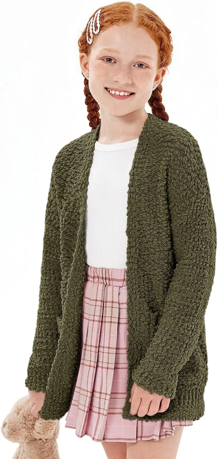 Imily Bela Girls Cardigan Open Front Popcorn Knit Long Sleeve Sweaters Coat with Pockets