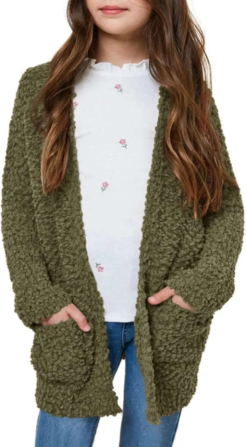 Imily Bela Girls Cardigan Open Front Popcorn Knit Long Sleeve Sweaters Coat with Pockets
