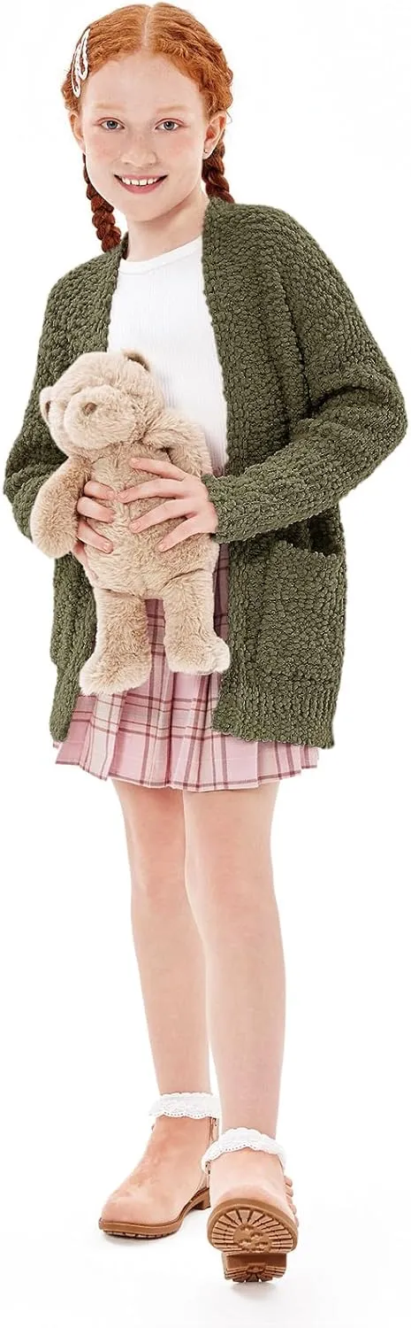 Imily Bela Girls Cardigan Open Front Popcorn Knit Long Sleeve Sweaters Coat with Pockets
