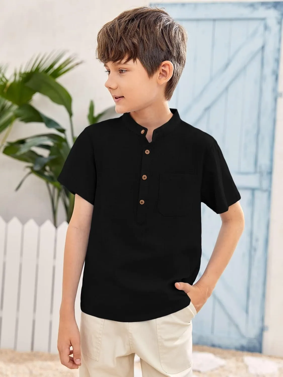 Inorin Boys Button Up Henley Shirt Short Sleeve Lightweight Summer Linen Cotton Dress Shirts Tees Tops with One Pocket