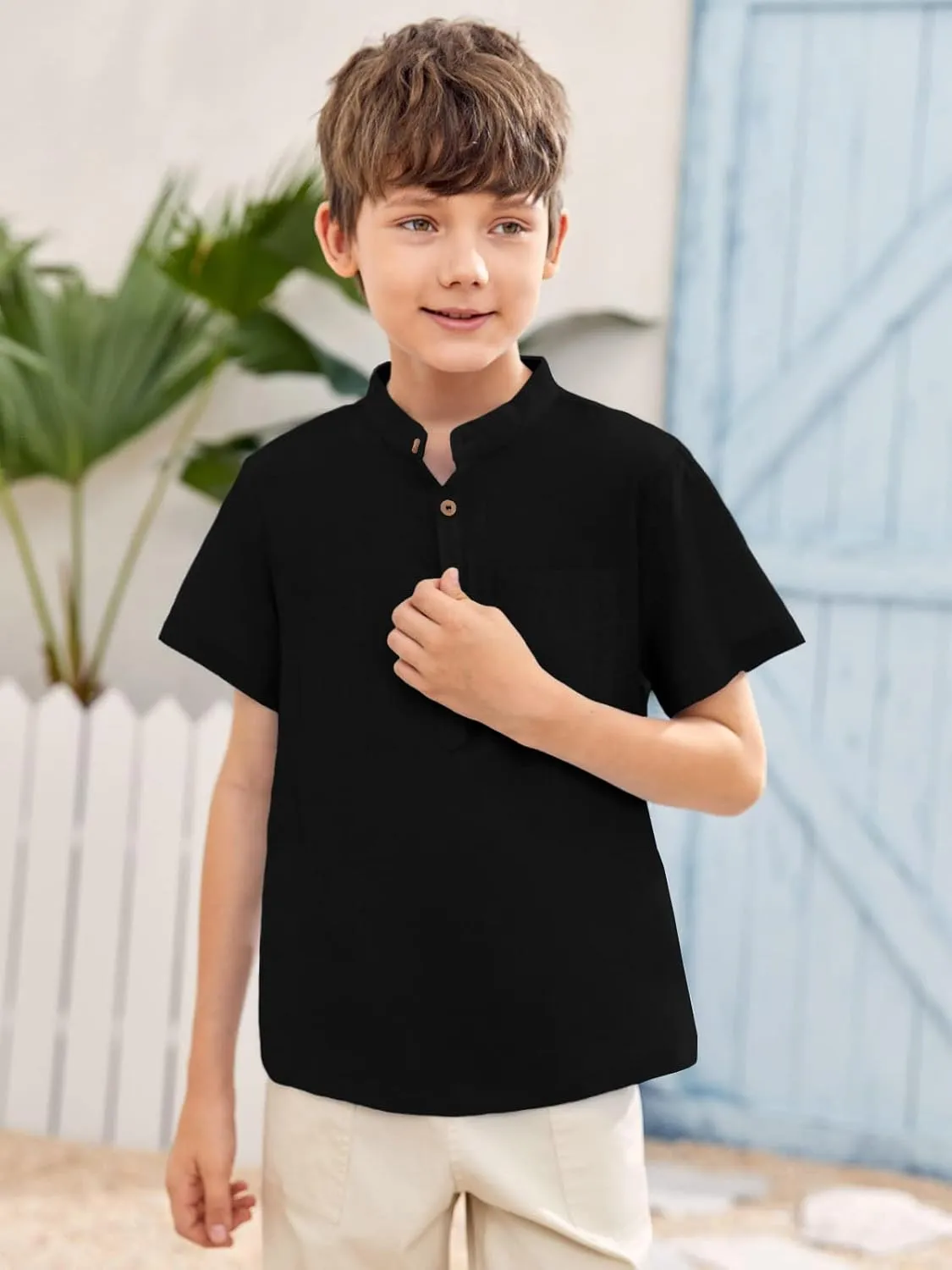 Inorin Boys Button Up Henley Shirt Short Sleeve Lightweight Summer Linen Cotton Dress Shirts Tees Tops with One Pocket