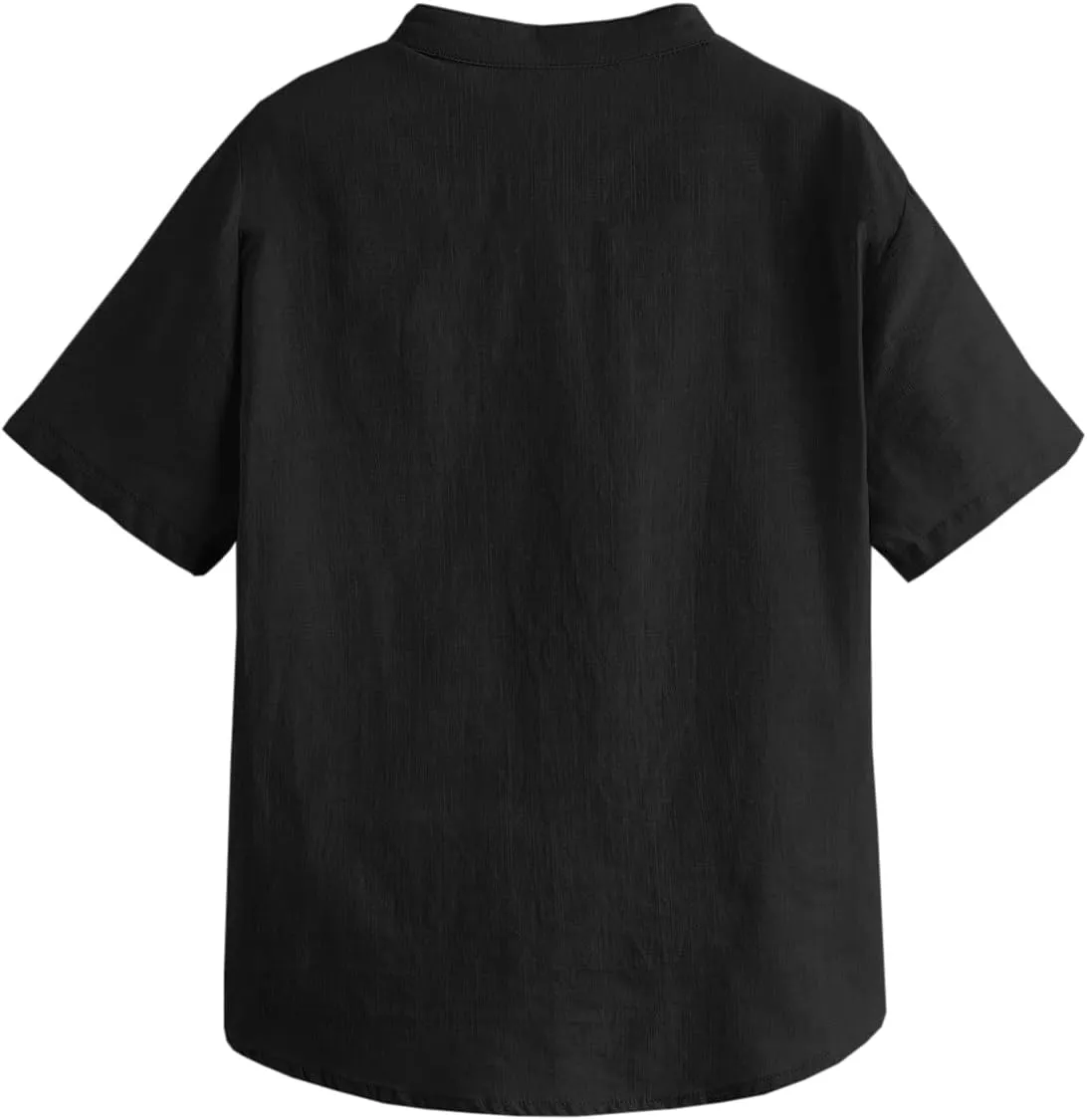 Inorin Boys Button Up Henley Shirt Short Sleeve Lightweight Summer Linen Cotton Dress Shirts Tees Tops with One Pocket