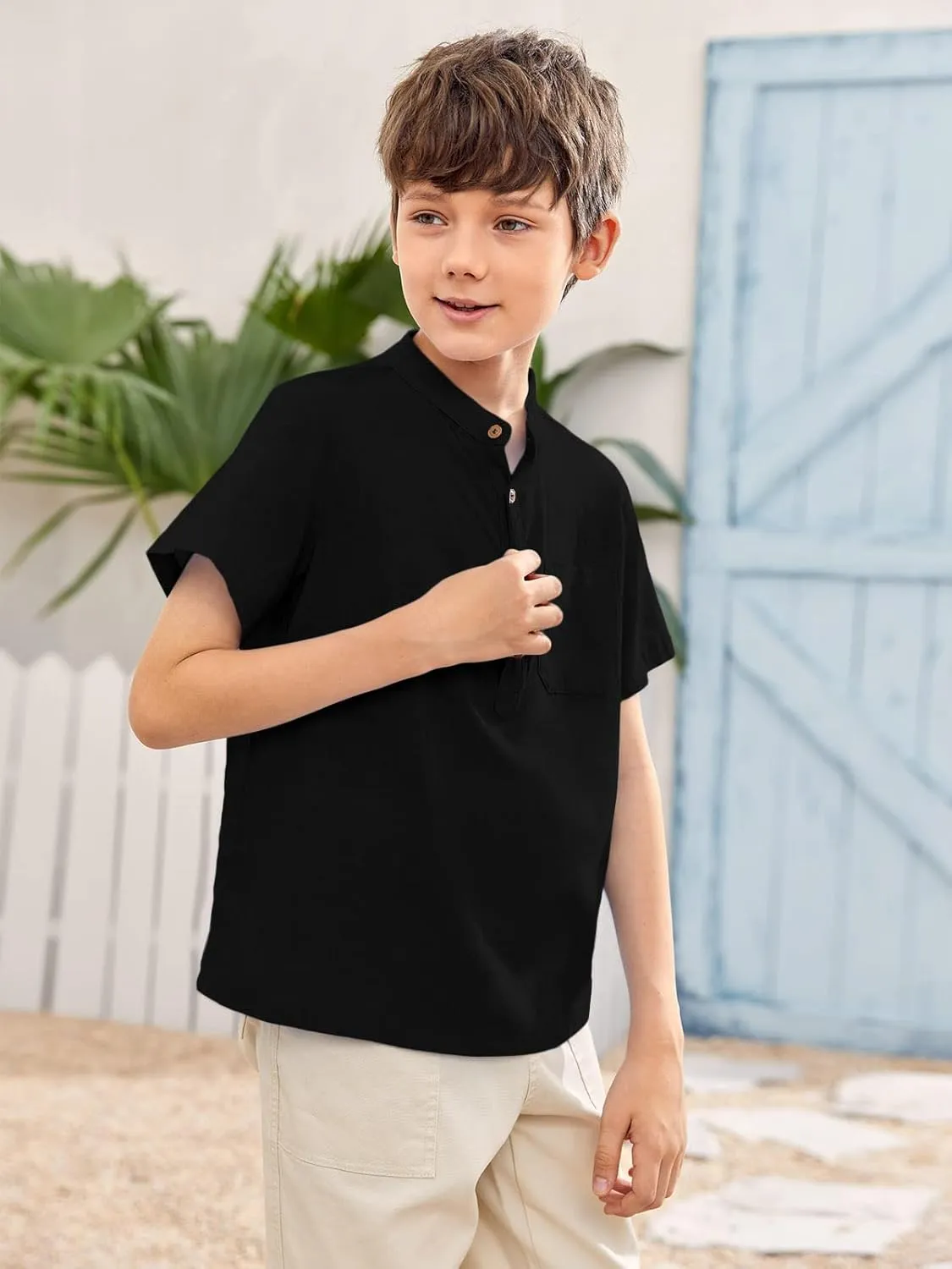 Inorin Boys Button Up Henley Shirt Short Sleeve Lightweight Summer Linen Cotton Dress Shirts Tees Tops with One Pocket