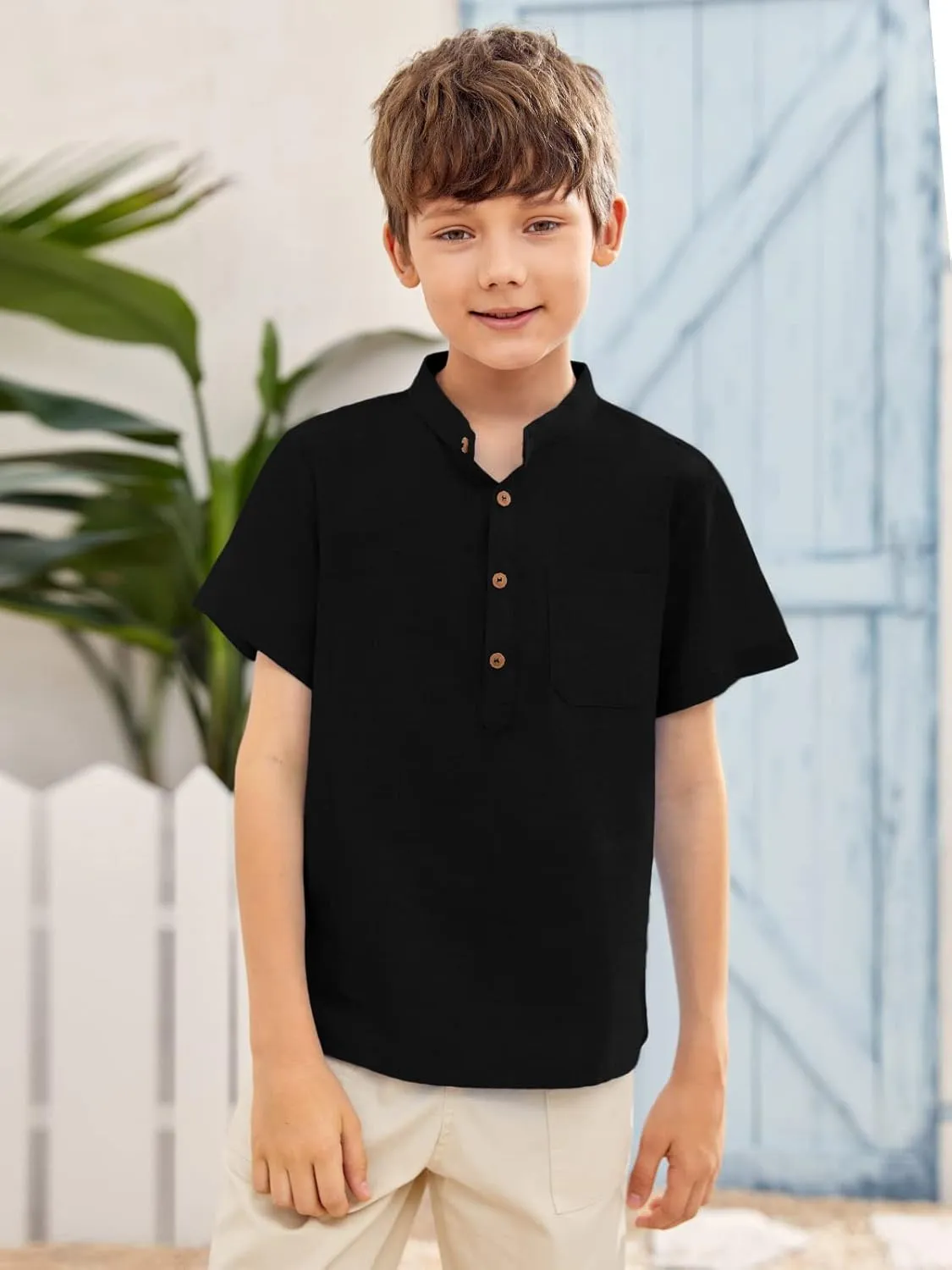 Inorin Boys Button Up Henley Shirt Short Sleeve Lightweight Summer Linen Cotton Dress Shirts Tees Tops with One Pocket