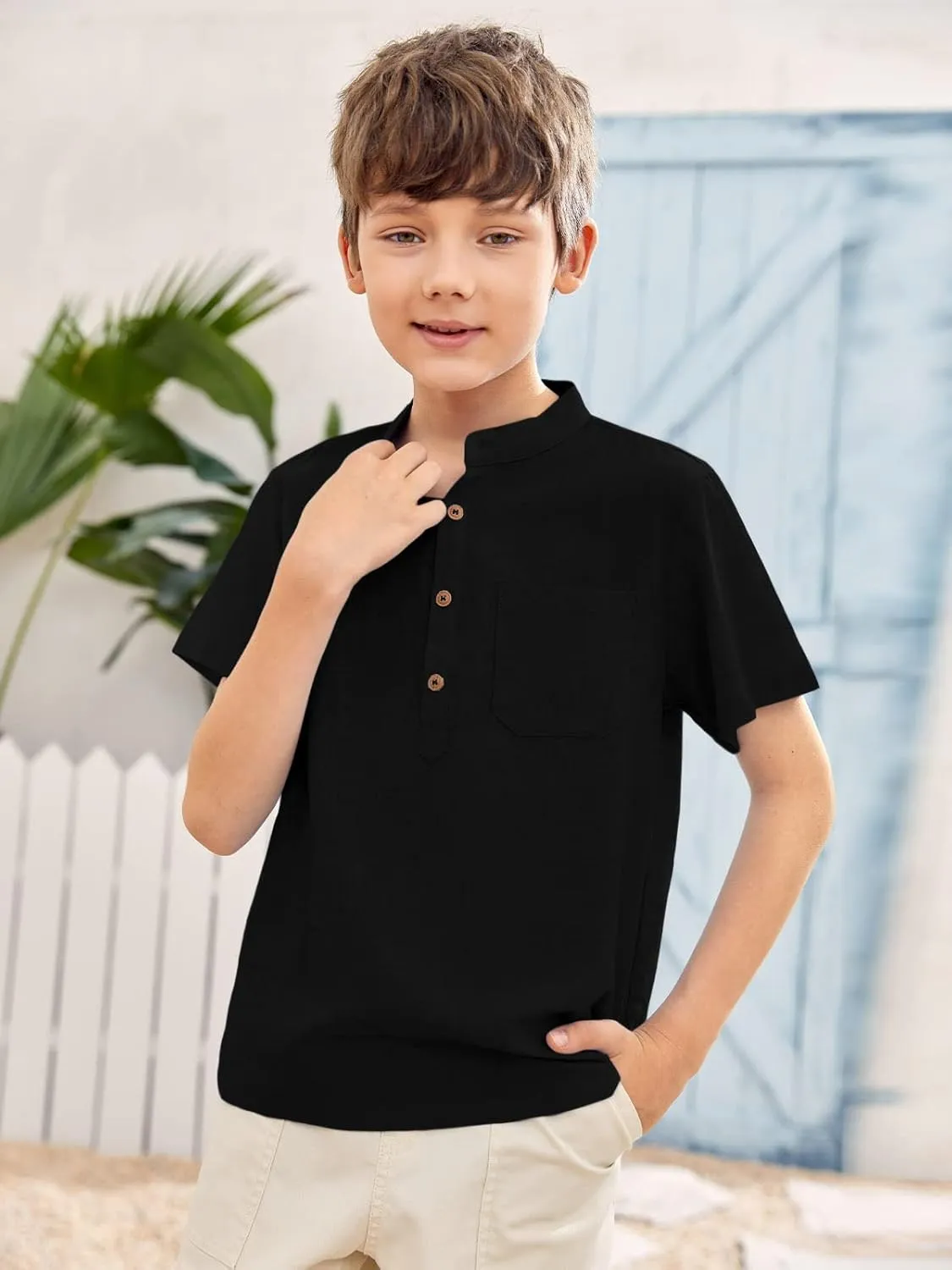 Inorin Boys Button Up Henley Shirt Short Sleeve Lightweight Summer Linen Cotton Dress Shirts Tees Tops with One Pocket
