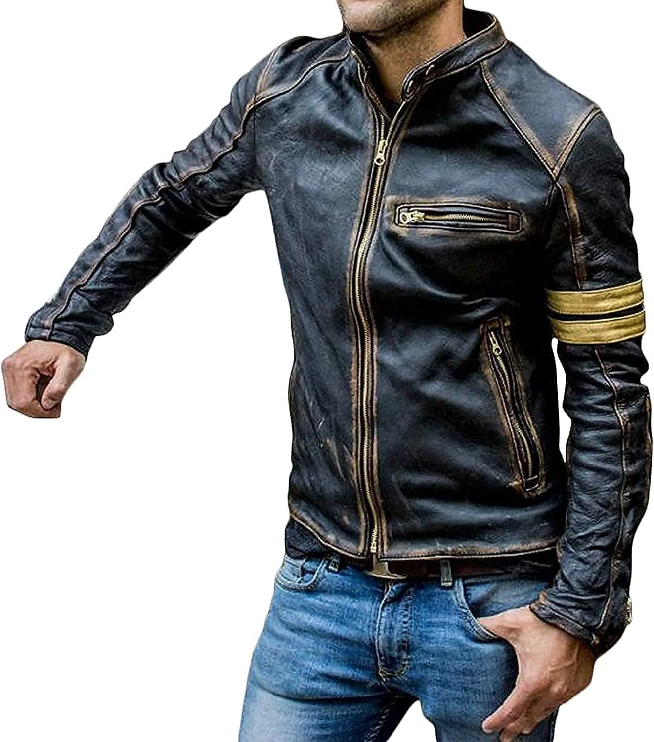 IZAC & DAUD Men's Elite Real Lambskin Leather Cafe Racer Distressed Motorcycle Black Biker Fadded Vintage Leather Jacket