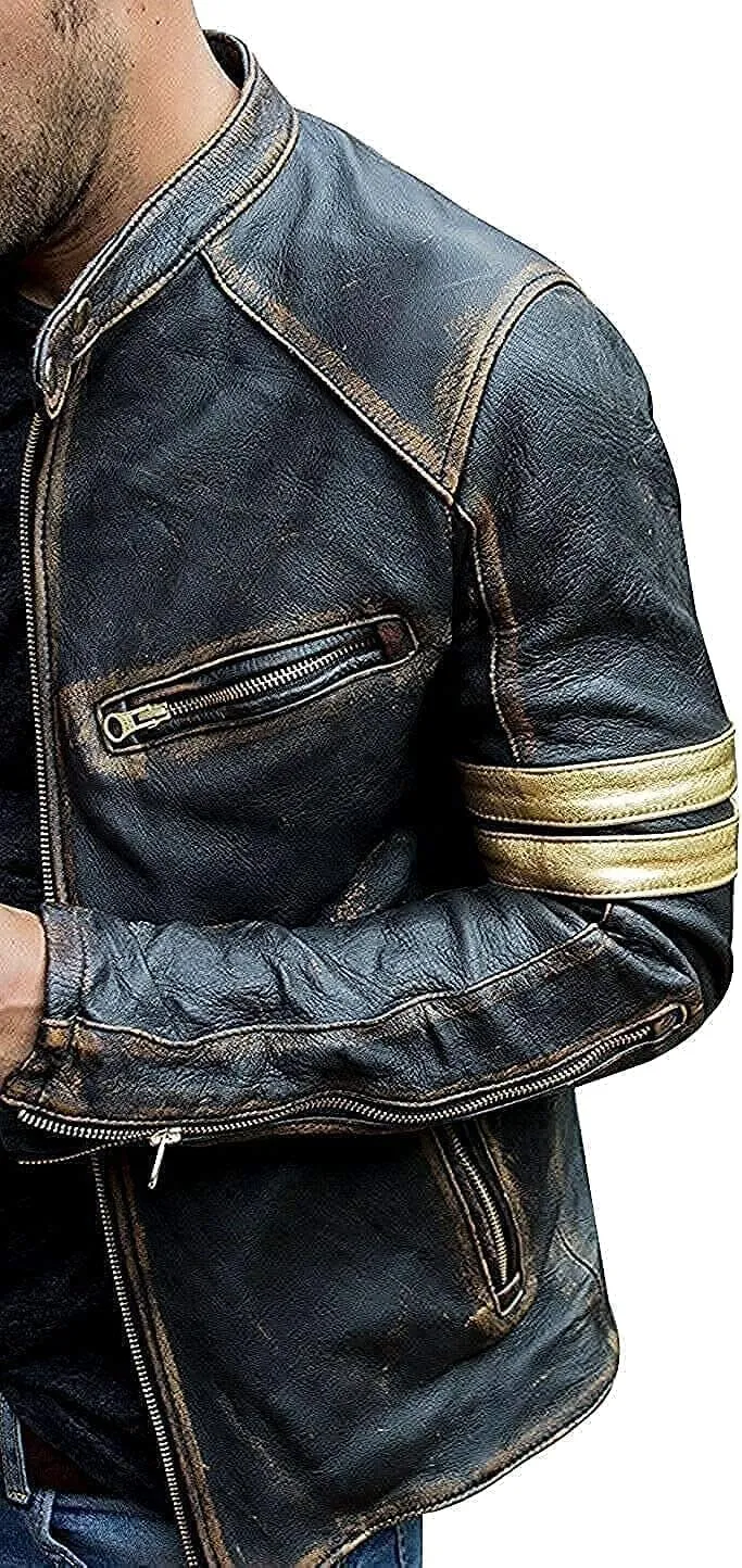 IZAC & DAUD Men's Elite Real Lambskin Leather Cafe Racer Distressed Motorcycle Black Biker Fadded Vintage Leather Jacket