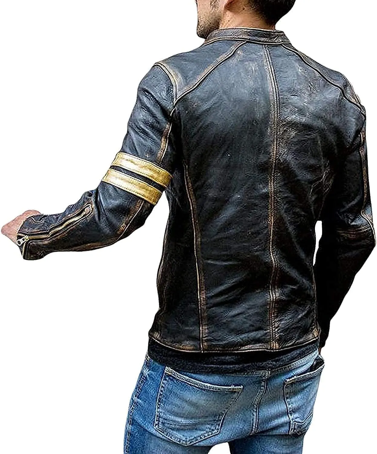 IZAC & DAUD Men's Elite Real Lambskin Leather Cafe Racer Distressed Motorcycle Black Biker Fadded Vintage Leather Jacket