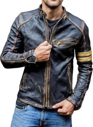 IZAC & DAUD Men's Elite Real Lambskin Leather Cafe Racer Distressed Motorcycle Black Biker Fadded Vintage Leather Jacket