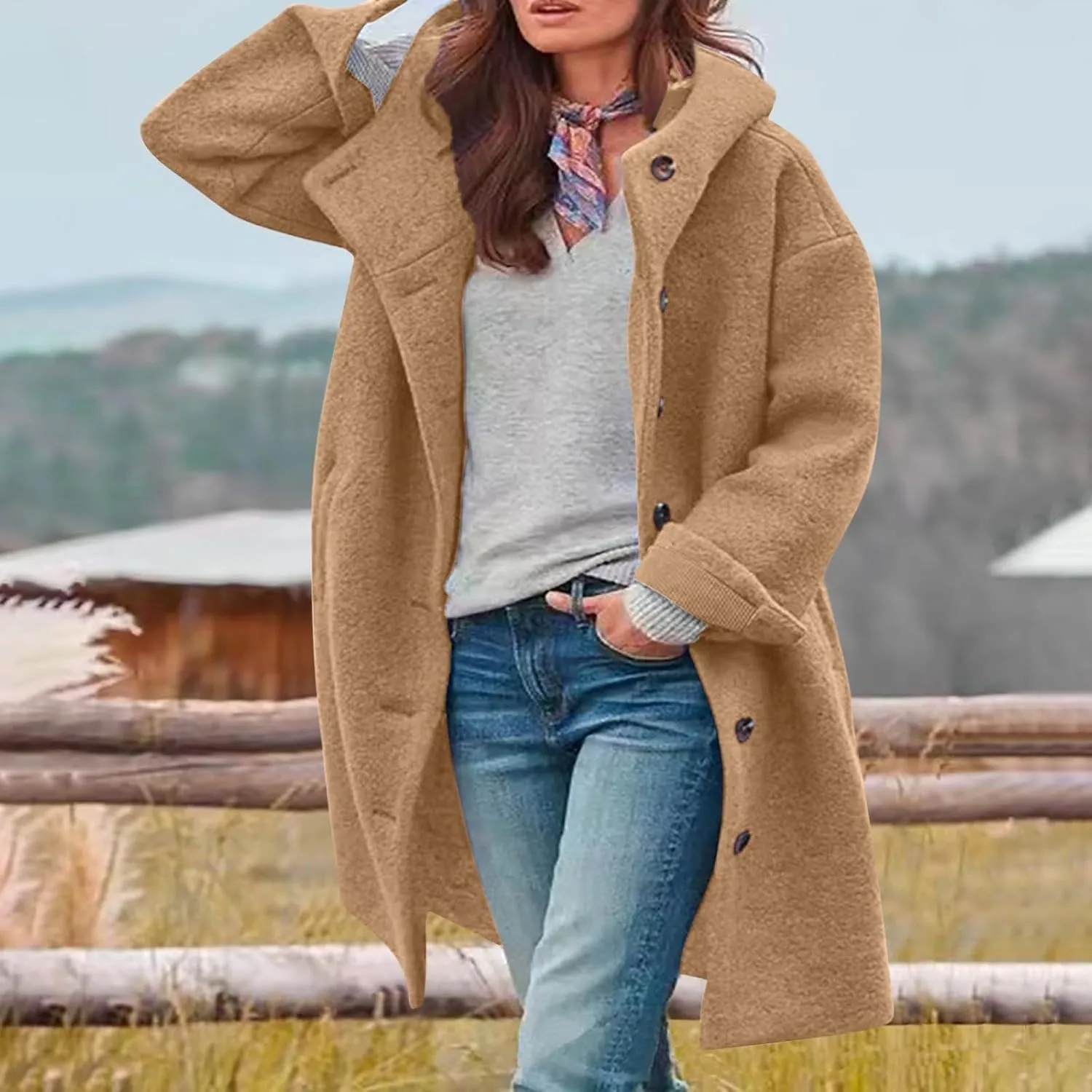 Jackets for Women Casual Loose Fit Button Coats Button Up Long Sleeve Outerwear Hooded Overcoat with Pocket