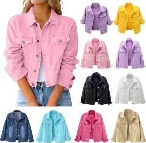 Jean Jacket Women Trendy Lapel Button Down Long Sleeve Cropped Denim Top Slim Fit Casual Candy Color Plus Size Blazer