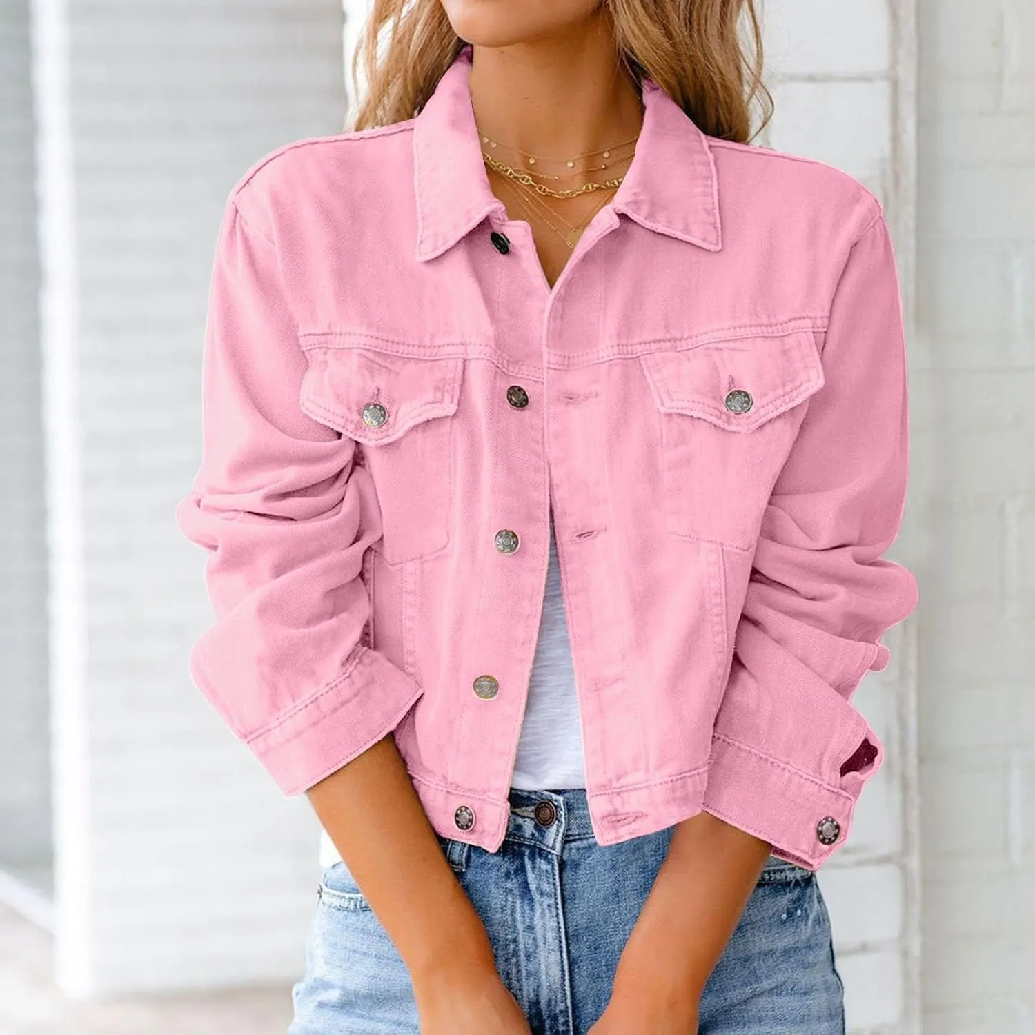 Jean Jacket Women Trendy Lapel Button Down Long Sleeve Cropped Denim Top Slim Fit Casual Candy Color Plus Size Blazer