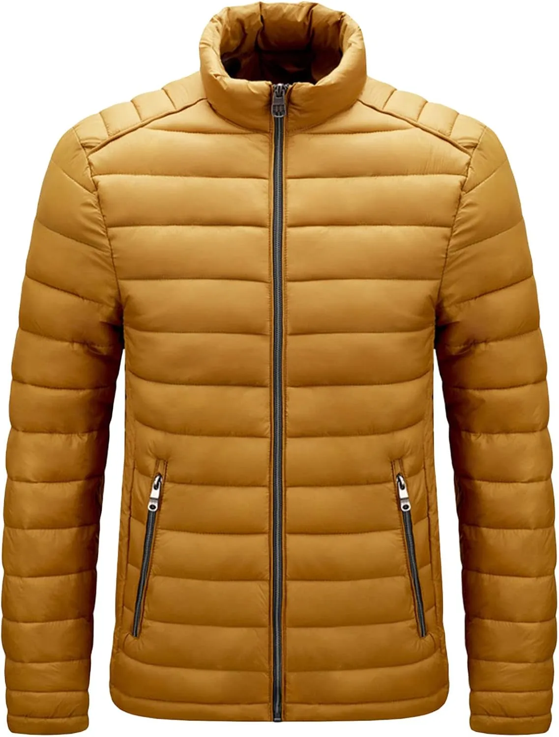 JEShifangjiusu Men Winter Cotton Padded Jacket Casual Stand Collar Hoodless Zipper Pocket Coat Thicken Long Sleeve Coats, Yellow, 3X-Large