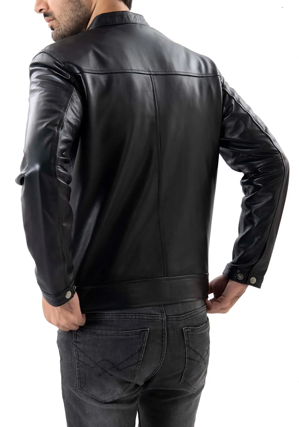 Jild Classical Single Piece Lambskin Leather Jacket Men - Everyday Wear Snap Tab Collar Mens Motorcycle Leather Jacket