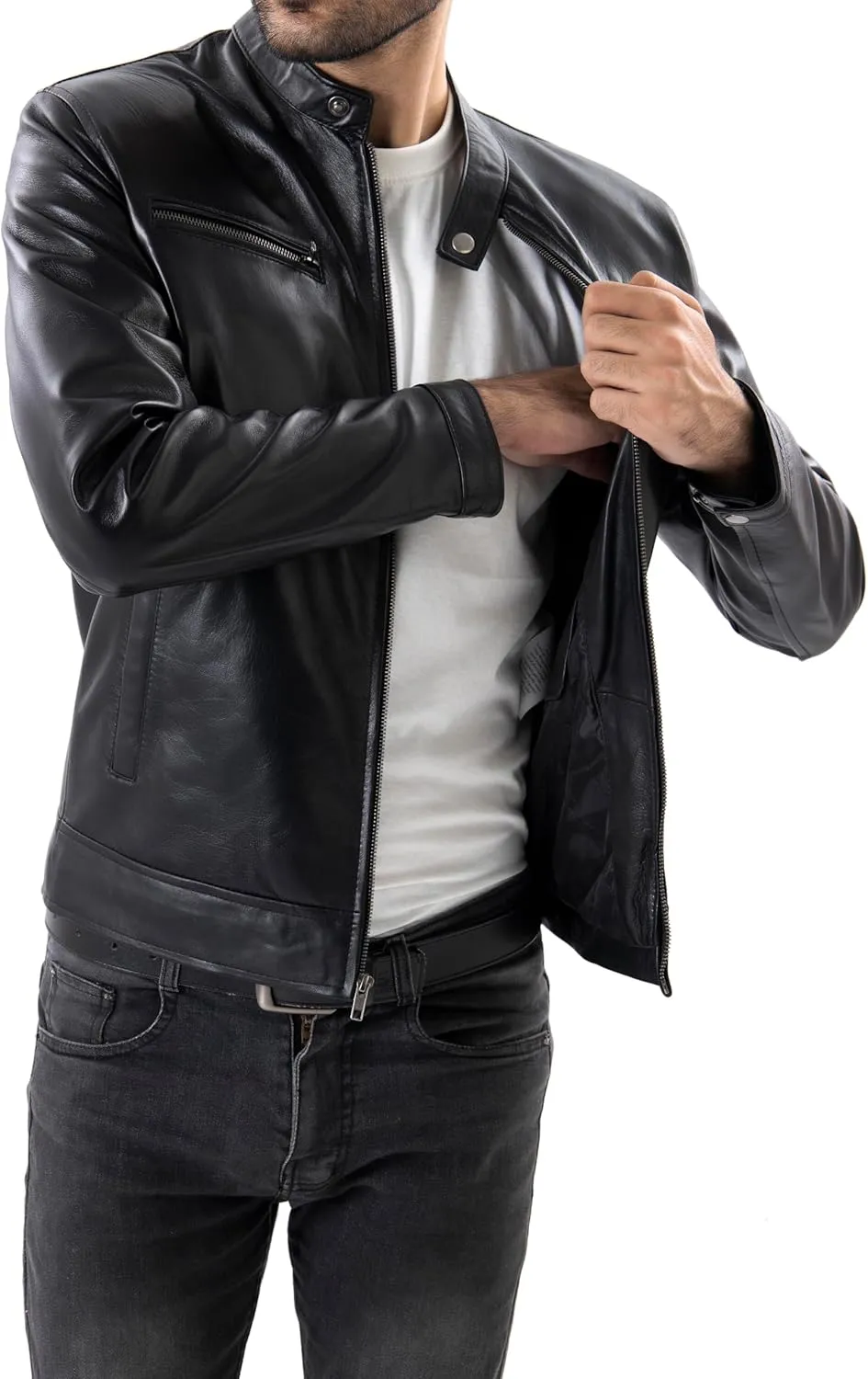 Jild Classical Single Piece Lambskin Leather Jacket Men - Everyday Wear Snap Tab Collar Mens Motorcycle Leather Jacket