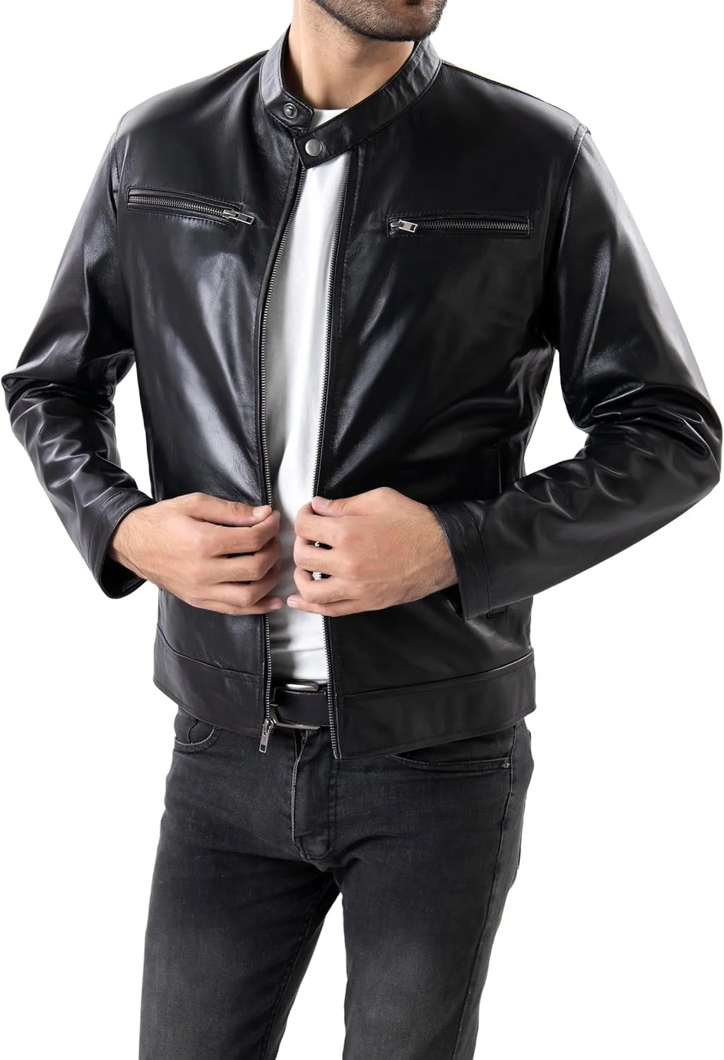 Jild Classical Single Piece Lambskin Leather Jacket Men - Everyday Wear Snap Tab Collar Mens Motorcycle Leather Jacket