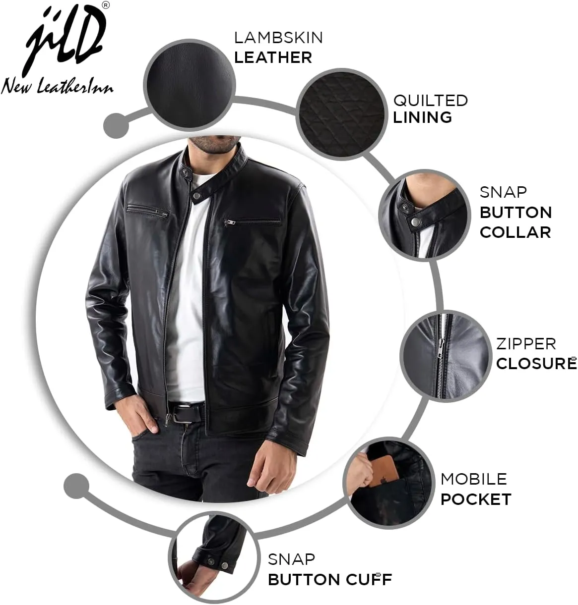 Jild Classical Single Piece Lambskin Leather Jacket Men - Everyday Wear Snap Tab Collar Mens Motorcycle Leather Jacket