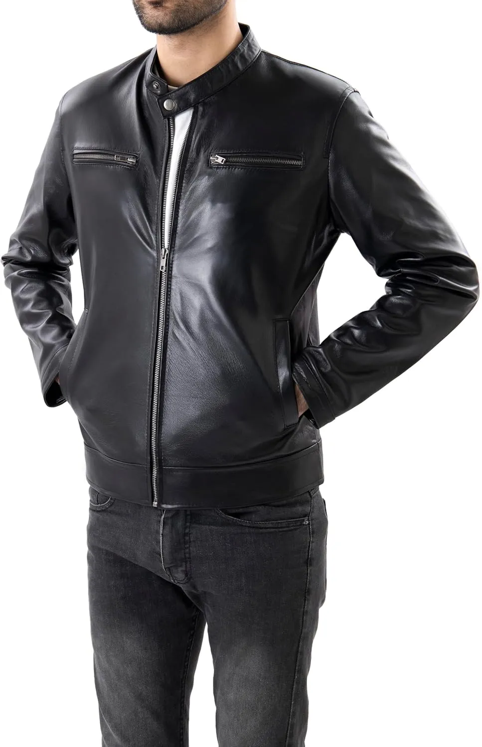Jild Classical Single Piece Lambskin Leather Jacket Men - Everyday Wear Snap Tab Collar Mens Motorcycle Leather Jacket