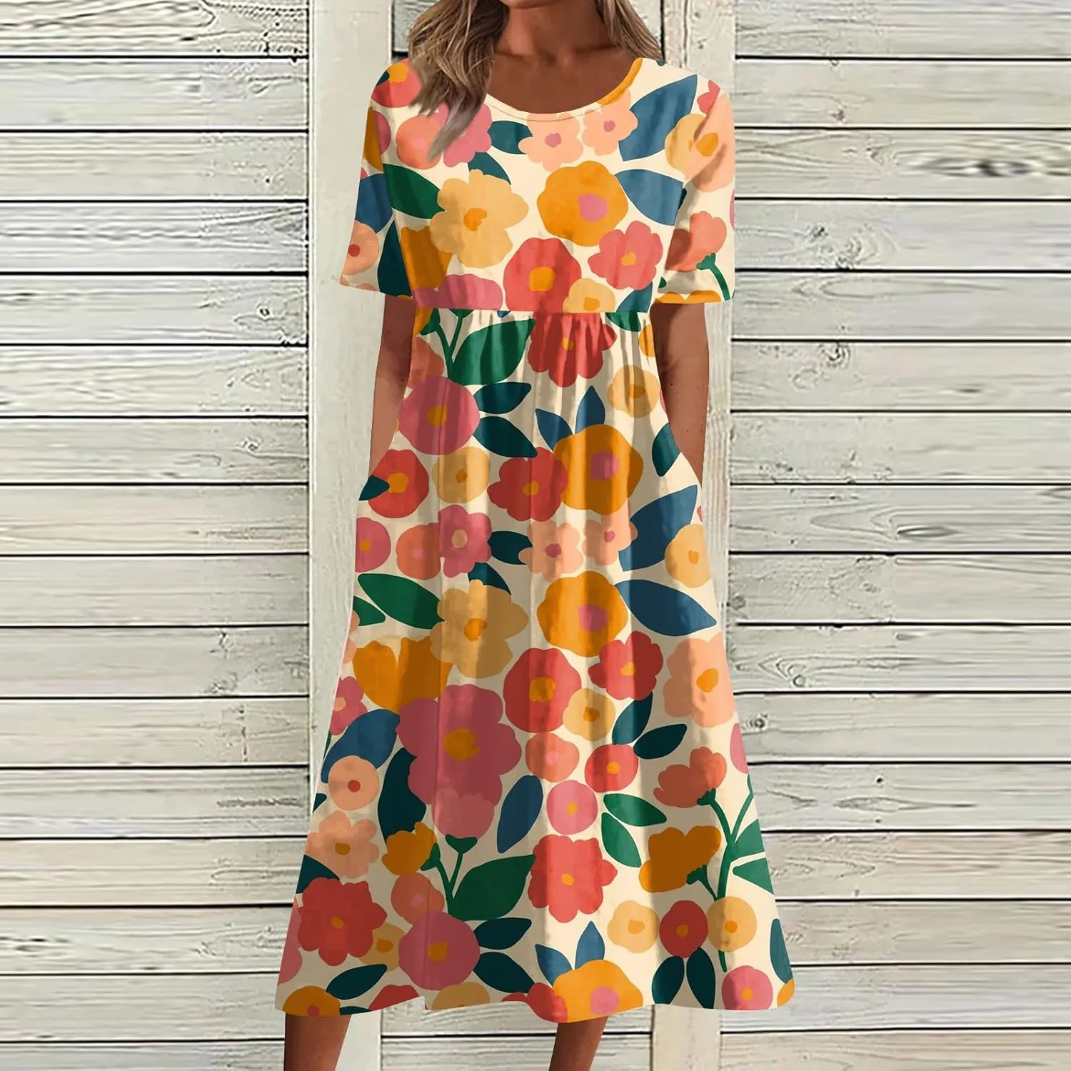 JJHAEVDY Dresses for Women Short Sleeve Crewneck Midi Dress High Waist Printed Dresses Loose Boho Dress Flowy Summer Dresses