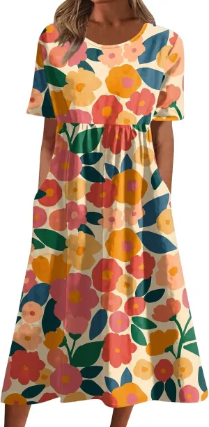 JJHAEVDY Dresses for Women Short Sleeve Crewneck Midi Dress High Waist Printed Dresses Loose Boho Dress Flowy Summer Dresses