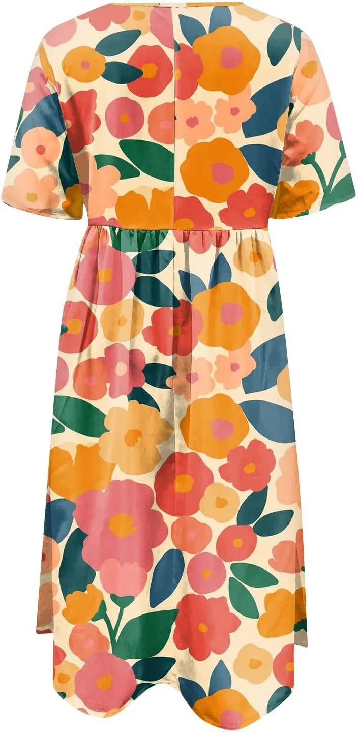 JJHAEVDY Dresses for Women Short Sleeve Crewneck Midi Dress High Waist Printed Dresses Loose Boho Dress Flowy Summer Dresses