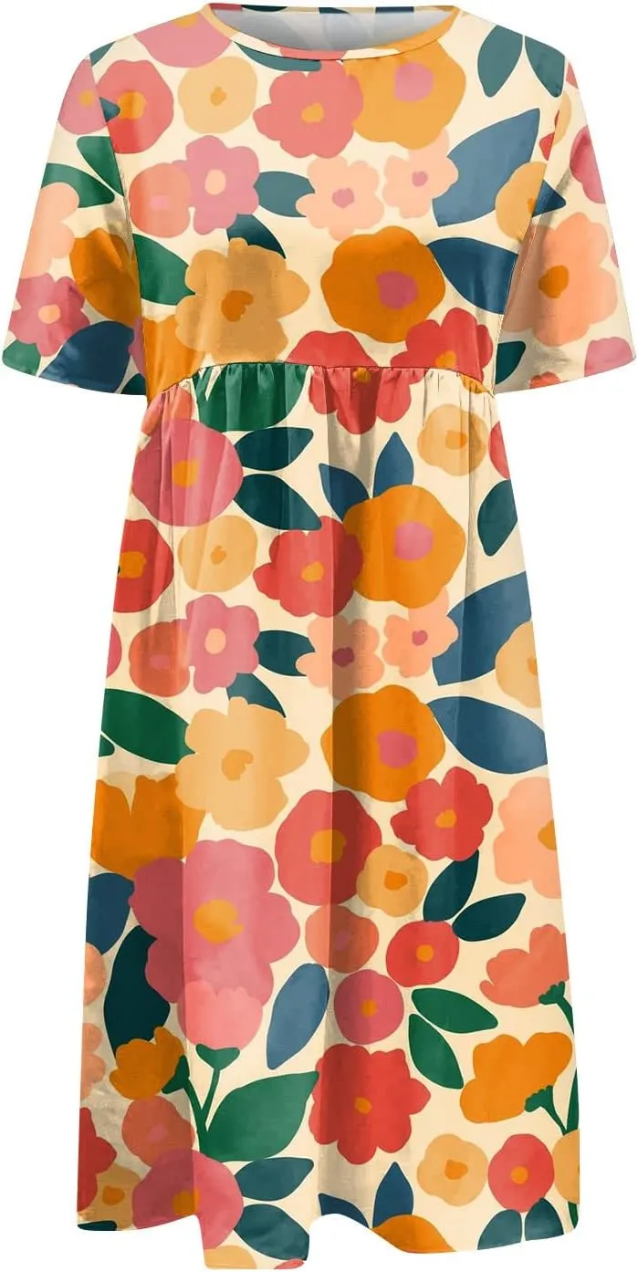 JJHAEVDY Dresses for Women Short Sleeve Crewneck Midi Dress High Waist Printed Dresses Loose Boho Dress Flowy Summer Dresses