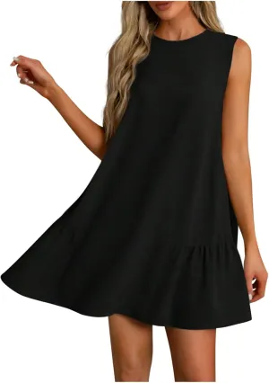 JOAU Summer Dresses for Women 2025 Crew Neck Sleeveless Keyhole Back Beach Sundress Casual Flowy Ruffle Hem Mini Tank Dress