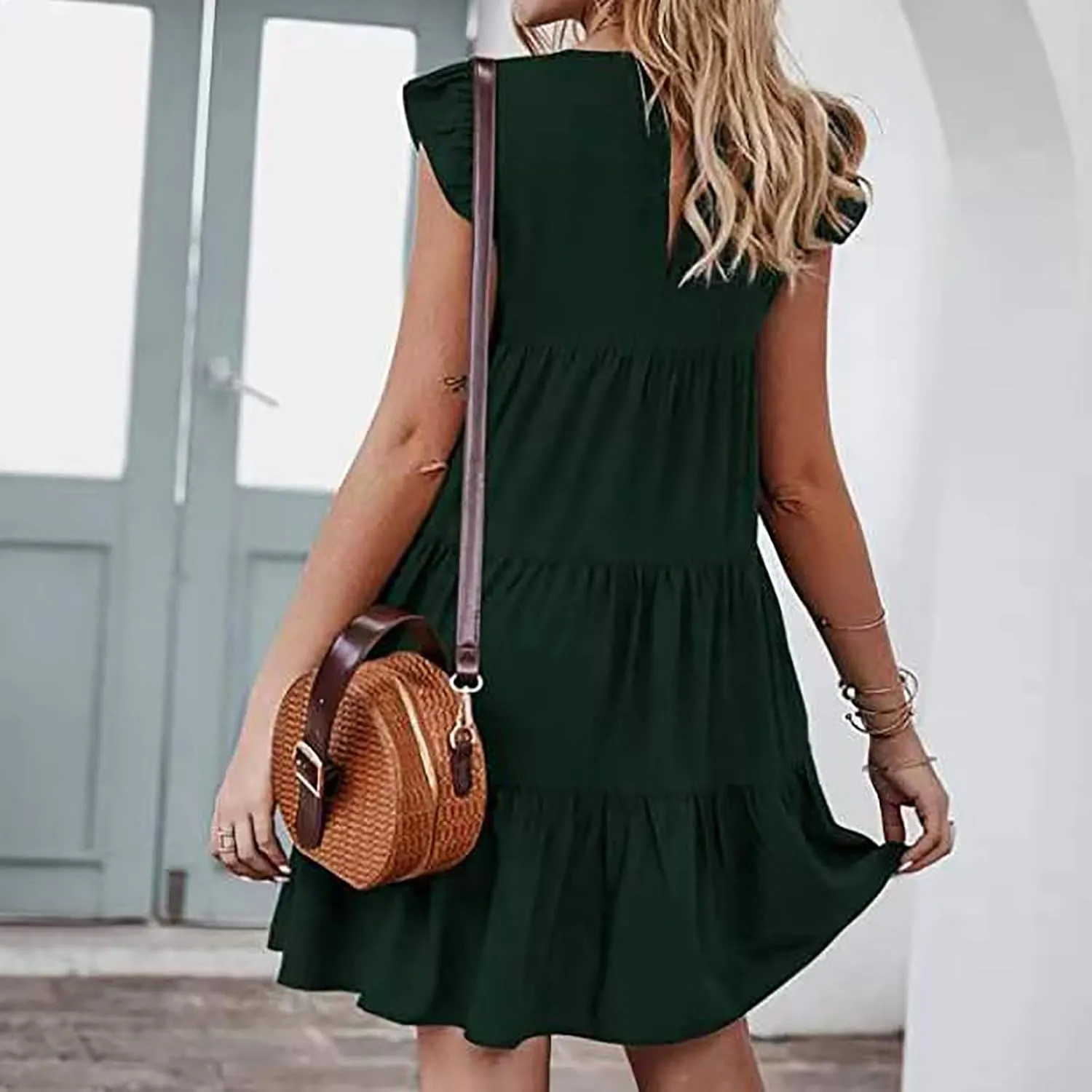 JOAU Women's 2024 Summer Casual Dresses Ruffle Cap Sleeve Crew Neck Loose Fit Sundress Flowy Tiered Swing Beach Mini Dress