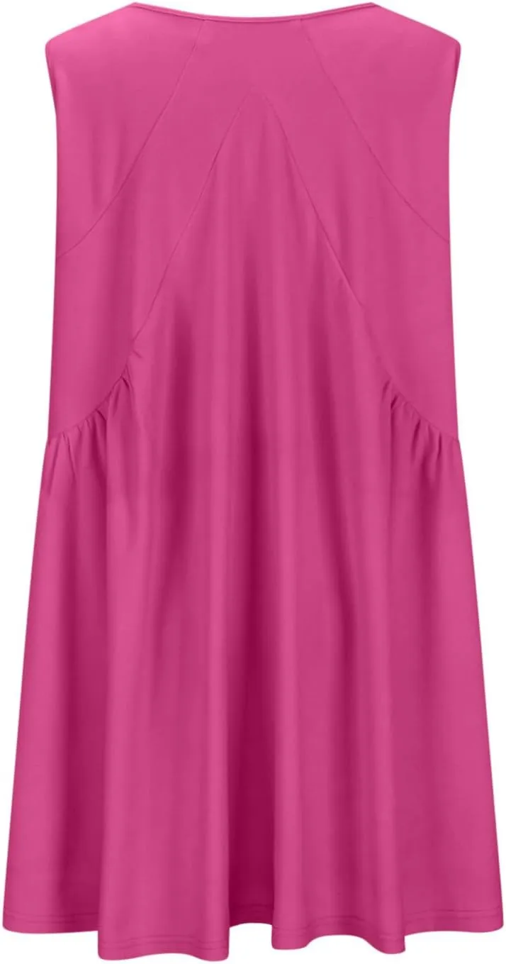 jsaierl Women Summer Sleeveless Short Dress Oversized Loose Fit Pleated Mini Dress V Neck A Line Flowy Swing Solid Cami Dress