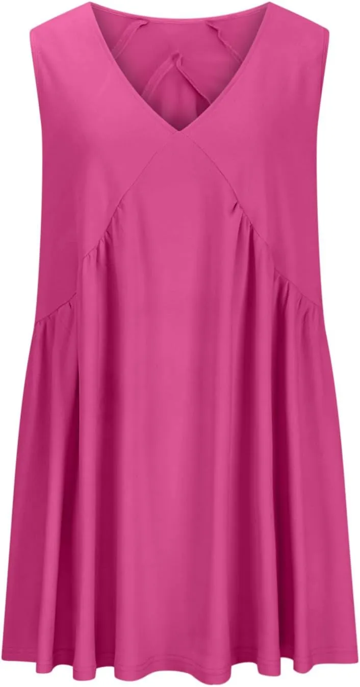 jsaierl Women Summer Sleeveless Short Dress Oversized Loose Fit Pleated Mini Dress V Neck A Line Flowy Swing Solid Cami Dress