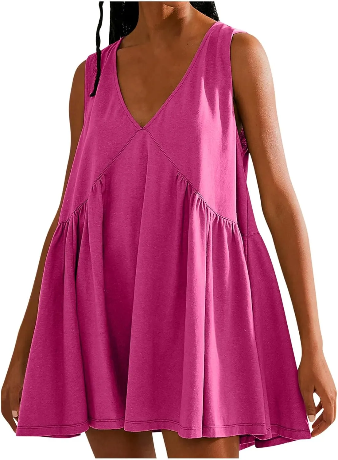jsaierl Women Summer Sleeveless Short Dress Oversized Loose Fit Pleated Mini Dress V Neck A Line Flowy Swing Solid Cami Dress