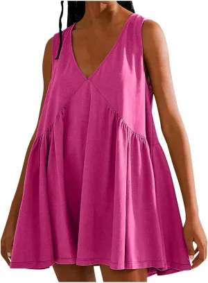 jsaierl Women Summer Sleeveless Short Dress Oversized Loose Fit Pleated Mini Dress V Neck A Line Flowy Swing Solid Cami Dress