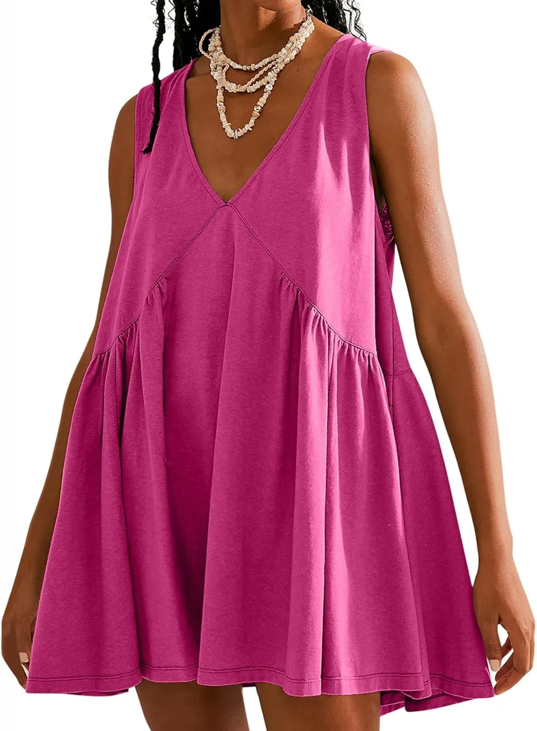jsaierl Women Summer Sleeveless Short Dress Oversized Loose Fit Pleated Mini Dress V Neck A Line Flowy Swing Solid Cami Dress