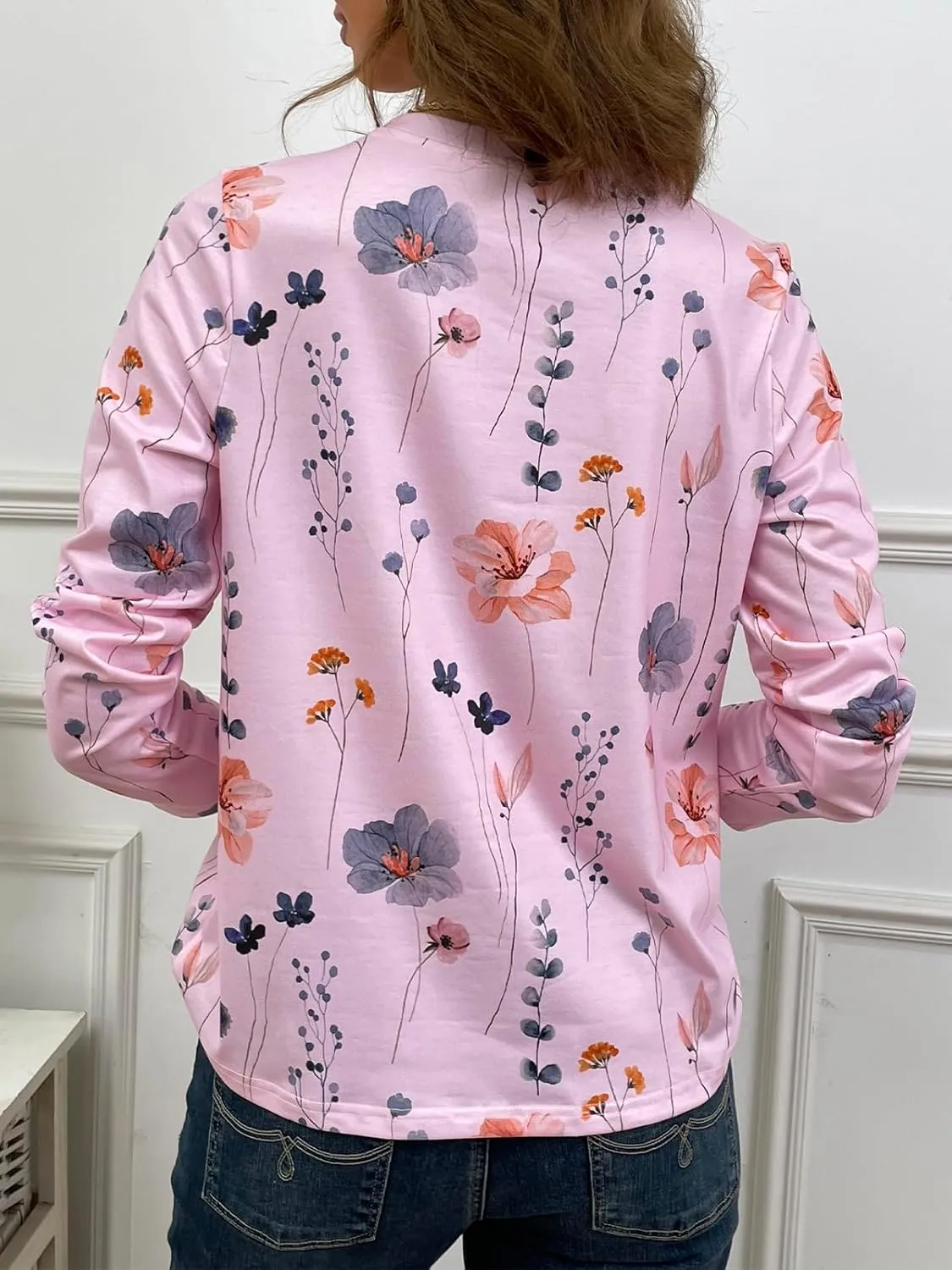 JUSTFASHIONNOW Womens Long Sleeve Tops Casual Shirts for Women Summer Flower Printed T Shirt Crewneck Floral Tee