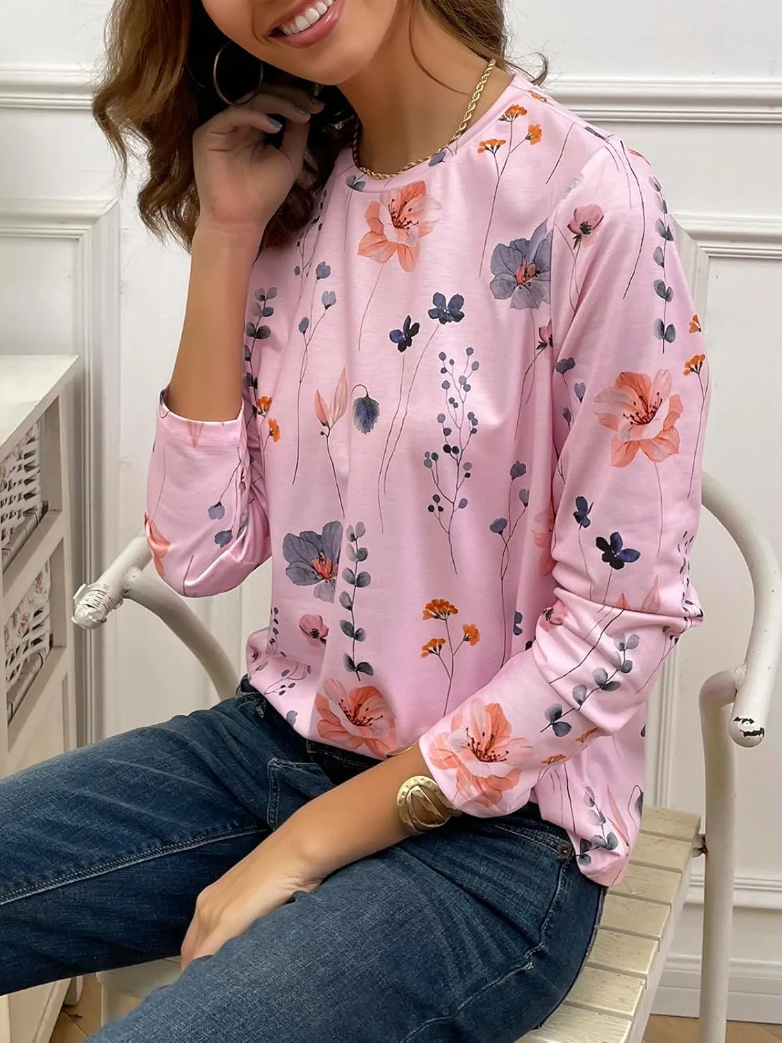 JUSTFASHIONNOW Womens Long Sleeve Tops Casual Shirts for Women Summer Flower Printed T Shirt Crewneck Floral Tee