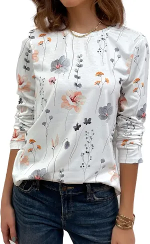 JUSTFASHIONNOW Womens Long Sleeve Tops Casual Shirts for Women Summer Flower Printed T Shirt Crewneck Floral Tee