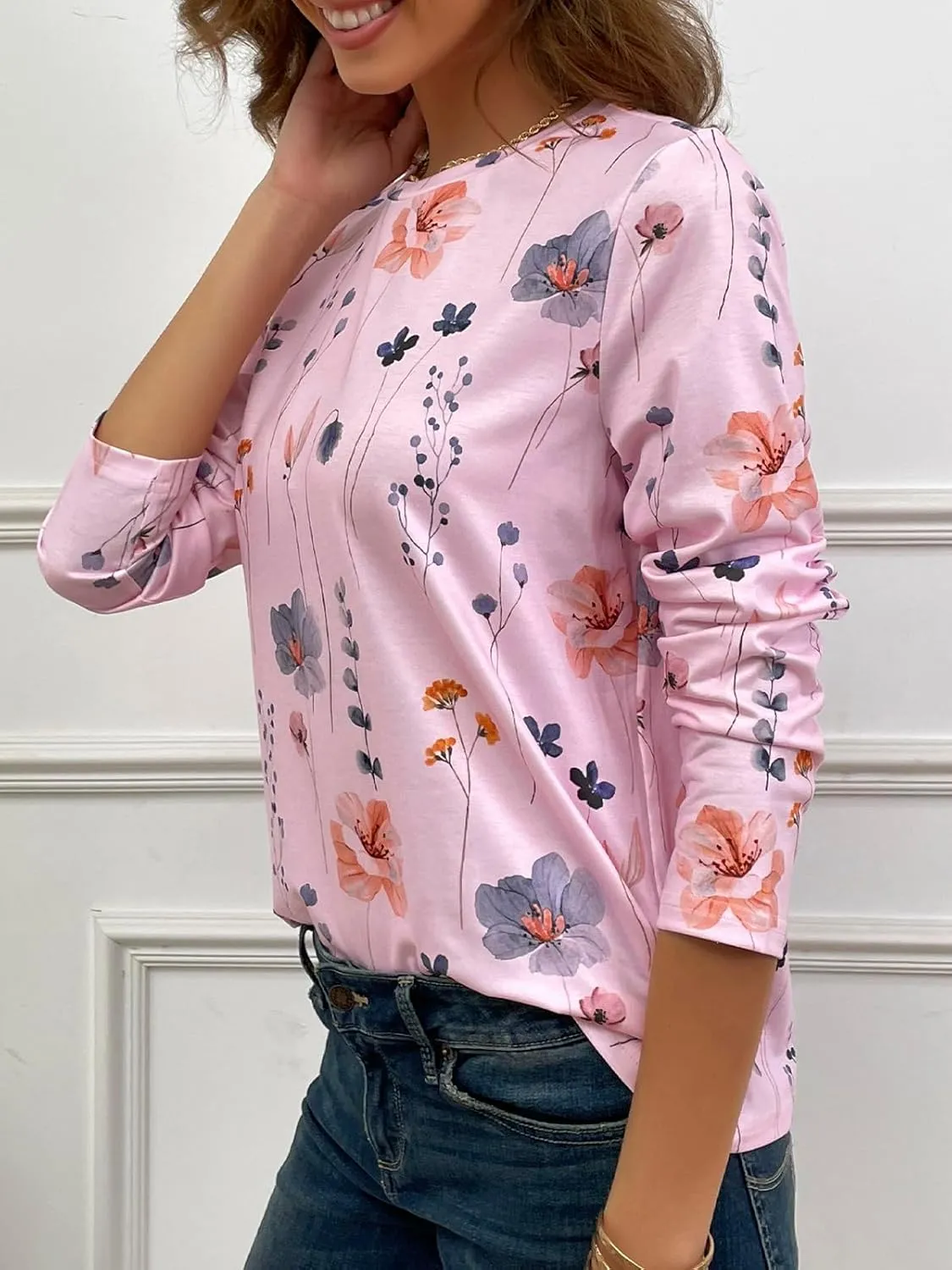 JUSTFASHIONNOW Womens Long Sleeve Tops Casual Shirts for Women Summer Flower Printed T Shirt Crewneck Floral Tee