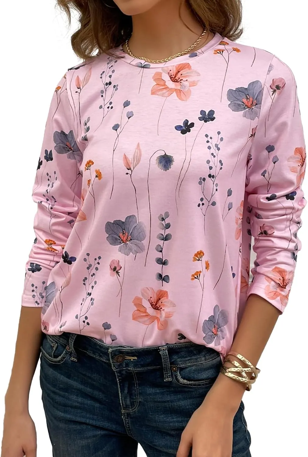 JUSTFASHIONNOW Womens Long Sleeve Tops Casual Shirts for Women Summer Flower Printed T Shirt Crewneck Floral Tee