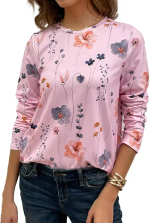 JUSTFASHIONNOW Womens Long Sleeve Tops Casual Shirts for Women Summer Flower Printed T Shirt Crewneck Floral Tee