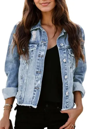 Kedera Womens Denim Jacket Distressed Frayed Ripped Jean Jacket Casual Button Down Light Jackets with Pockets