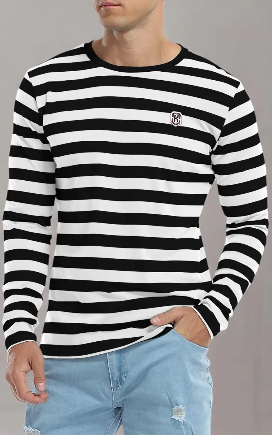 KESIHAN Men's Casual Striped Shirts Crewneck Long Sleeve Basic T-Shirt Basic Daily Work Stripe Tee Tops