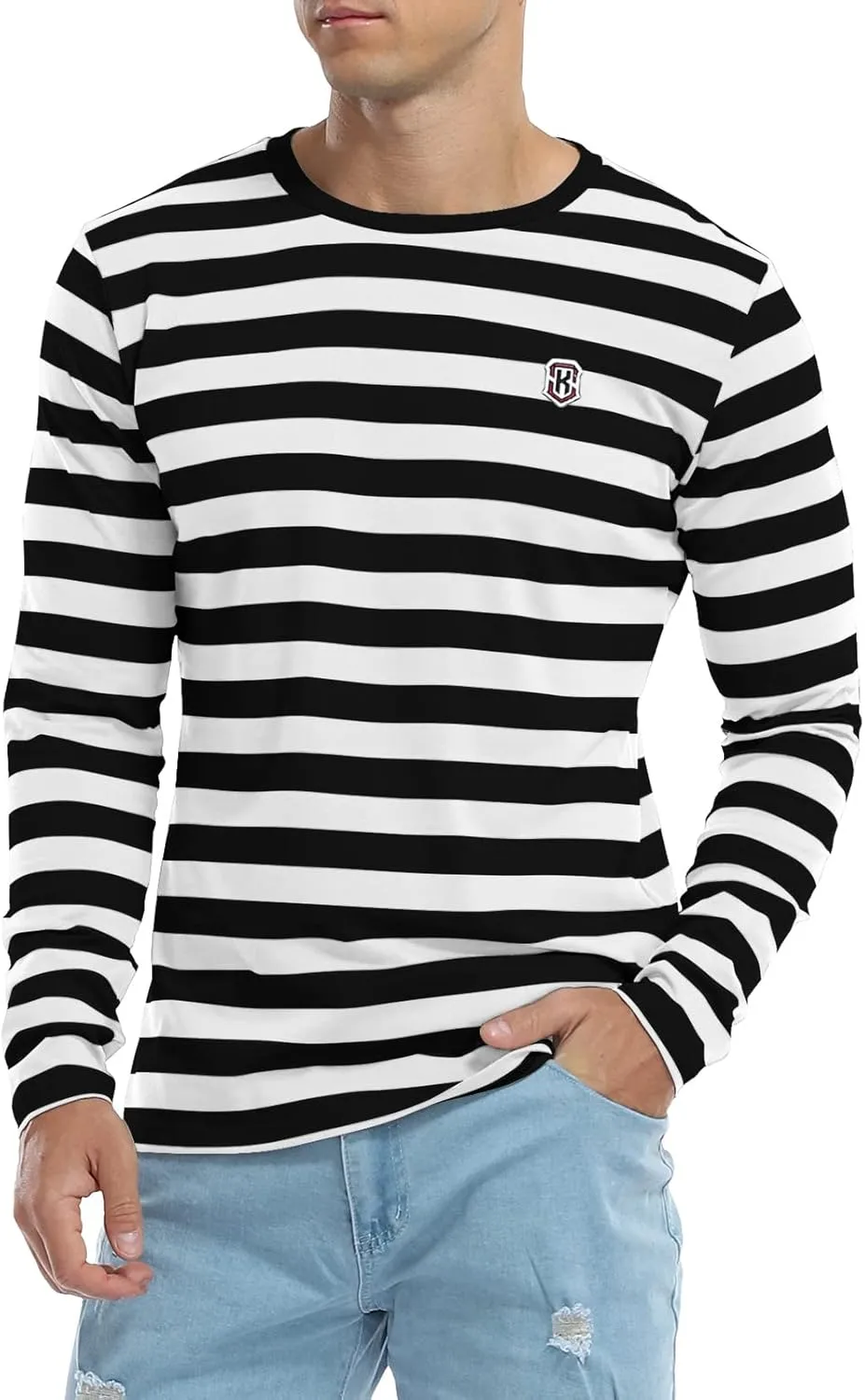 KESIHAN Men's Casual Striped Shirts Crewneck Long Sleeve Basic T-Shirt Basic Daily Work Stripe Tee Tops