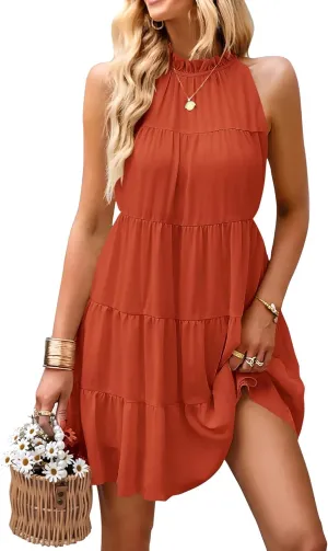 KIRUNDO Womens Summer Dresses 2025 Casual Halter Sundress Sleeveless Flowy Mini Babydoll Tiered Pleated Beach Dress