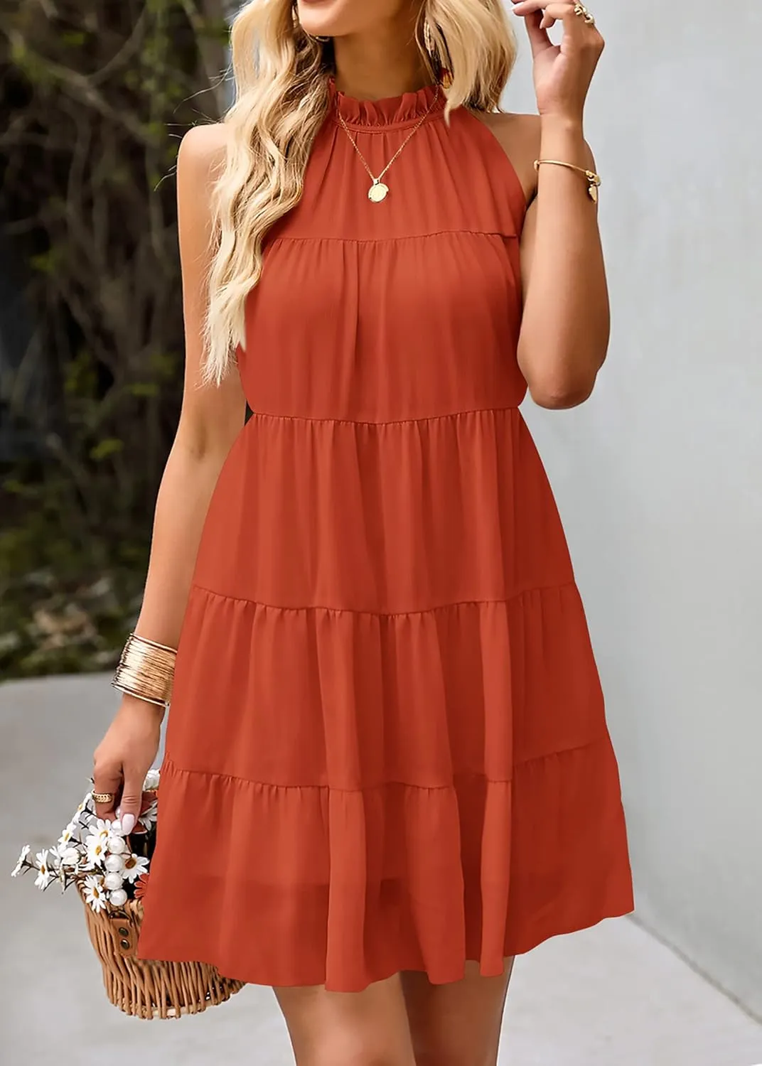 KIRUNDO Womens Summer Dresses 2025 Casual Halter Sundress Sleeveless Flowy Mini Babydoll Tiered Pleated Beach Dress