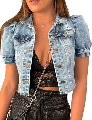 Kissonic Womens Vintage Ripped Short Puff Sleeve Button Front Cropped Denim Jean Jacket
