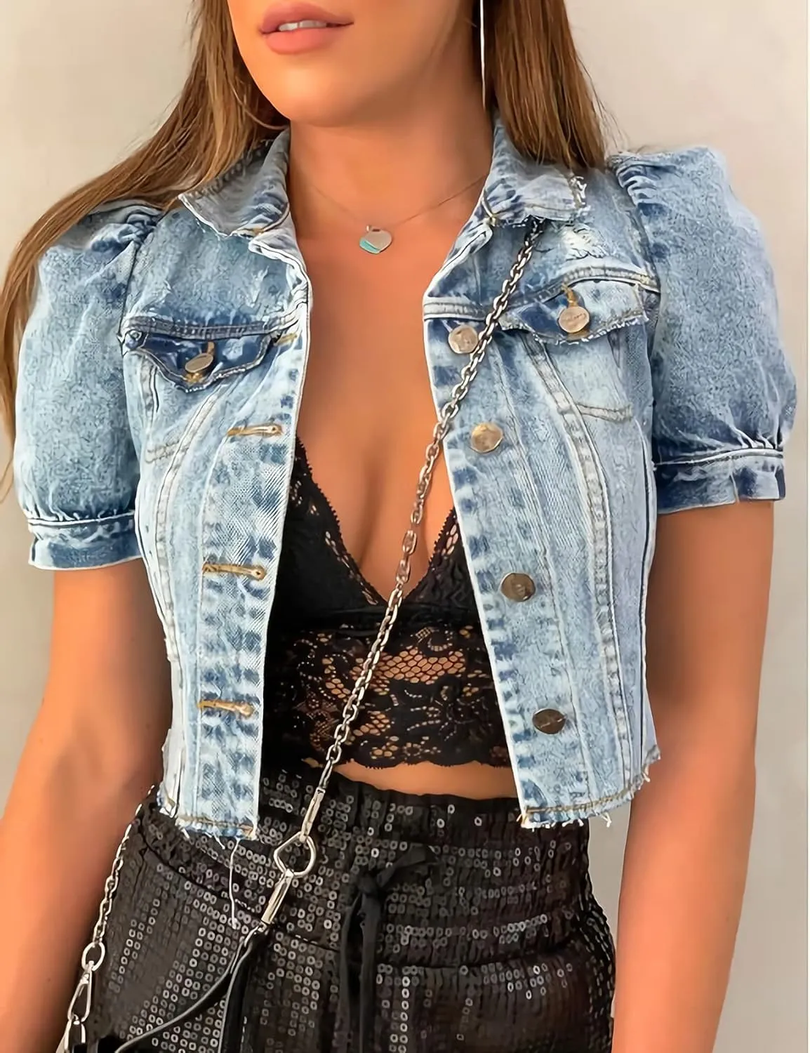 Kissonic Womens Vintage Ripped Short Puff Sleeve Button Front Cropped Denim Jean Jacket