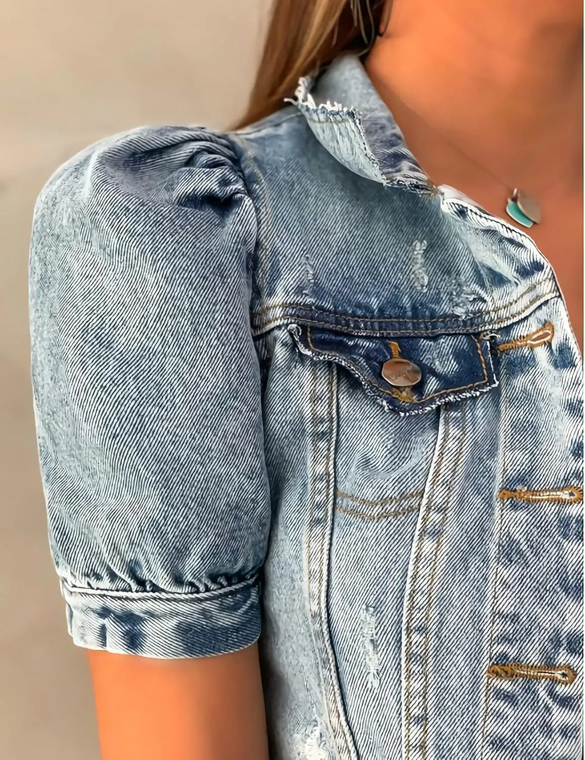 Kissonic Womens Vintage Ripped Short Puff Sleeve Button Front Cropped Denim Jean Jacket