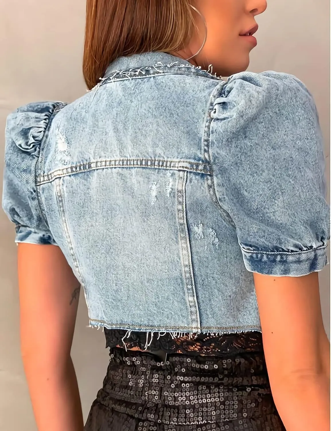 Kissonic Womens Vintage Ripped Short Puff Sleeve Button Front Cropped Denim Jean Jacket