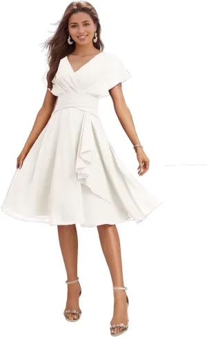 Knee Length Bridesmaid Dresses for Wedding Beach Chiffon V-Neck Formal Dresses for Women 2025 with Short Sleeve