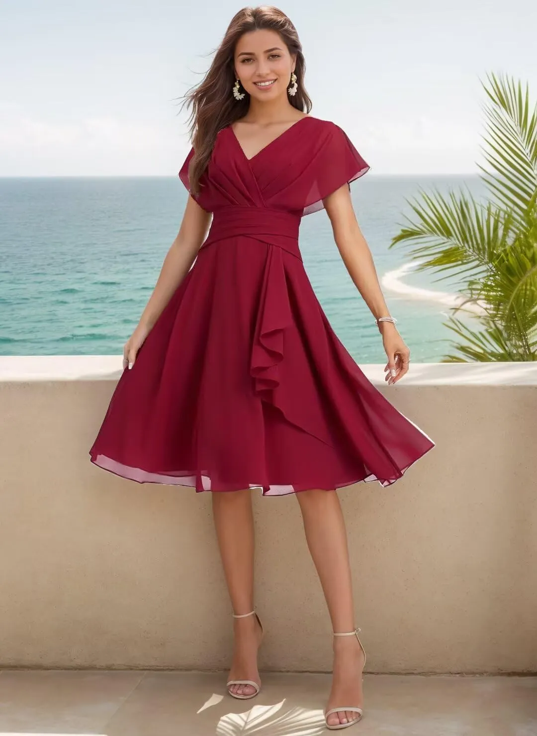 Knee Length Bridesmaid Dresses for Wedding Beach Chiffon V-Neck Formal Dresses for Women 2025 with Short Sleeve